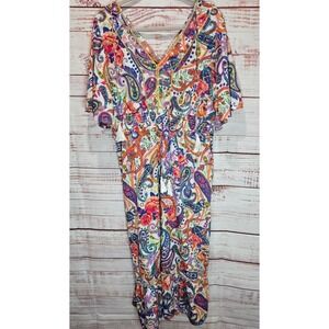 Harlow & Rose Paisley Boho Tasseled Maxi Dress XL Multi Color V-Neck Smocked